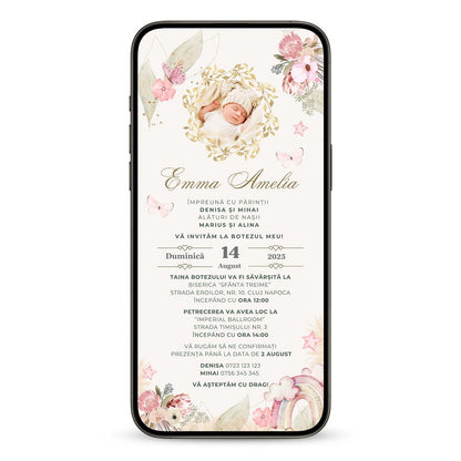 Invitatie Botez Floral Retro, Format Digital-BalloonEvents.ro