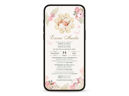 Invitatie Botez Floral Retro, Format Digital