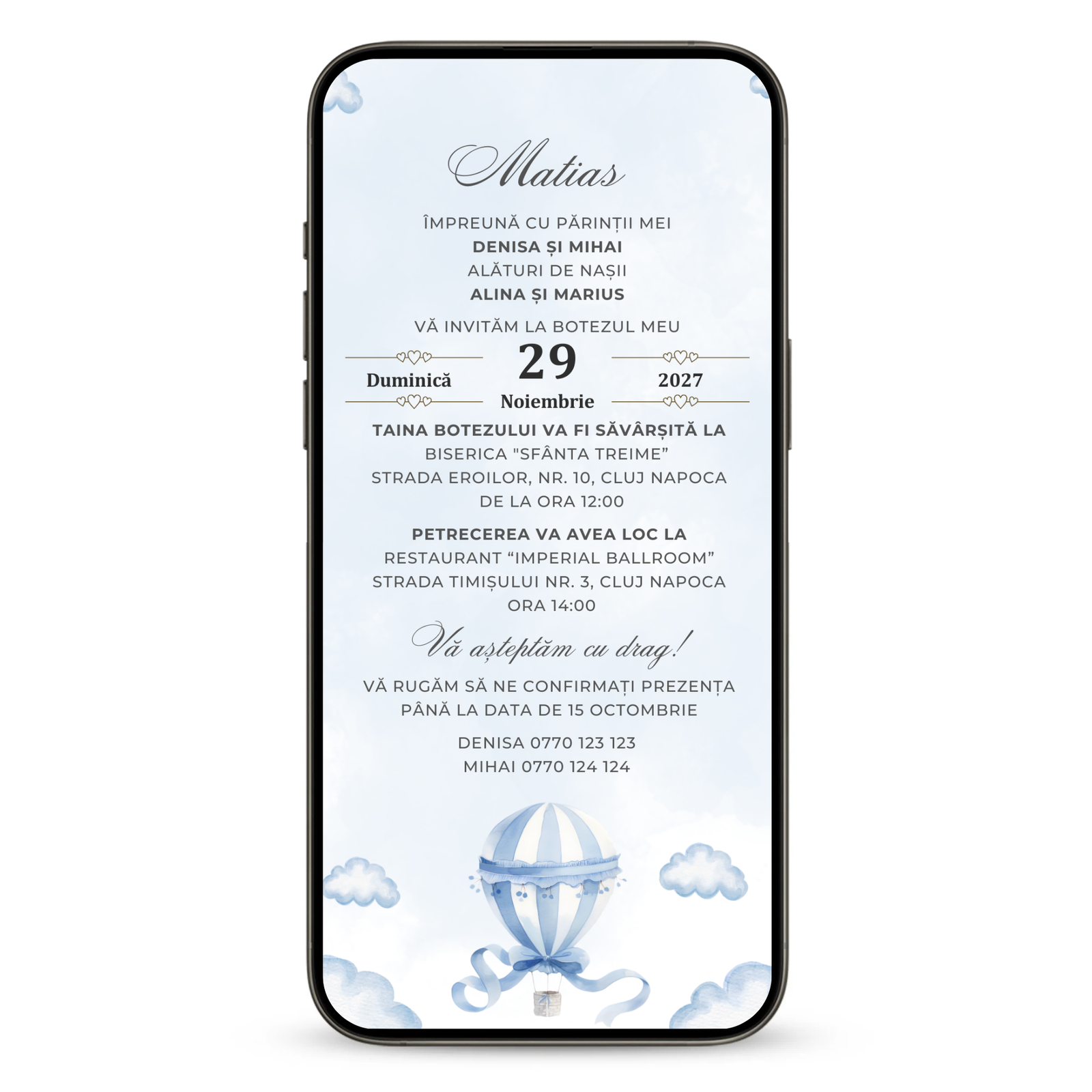 Invitatie Botez Fly With Me, Format Digital-BalloonEvents.ro