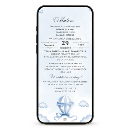 Invitatie Botez Fly With Me, Format Digital-BalloonEvents.ro
