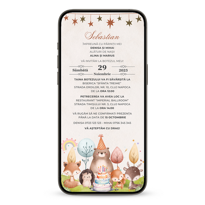 Invitatie Botez Forest Friends, Format Digital-BalloonEvents.ro