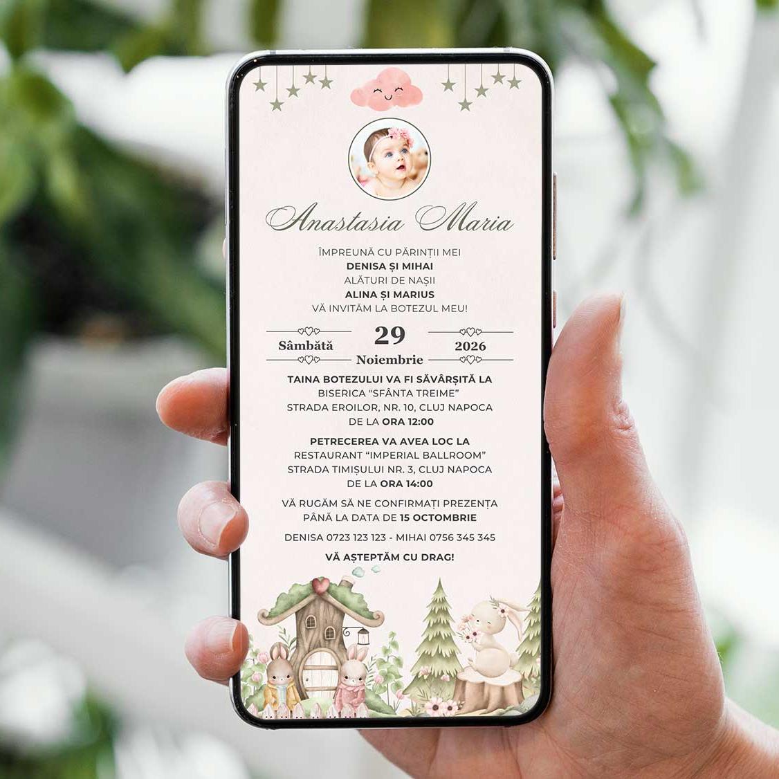 Invitatie Botez Forest Friends Iepuras, Format Digital-BalloonEvents.ro