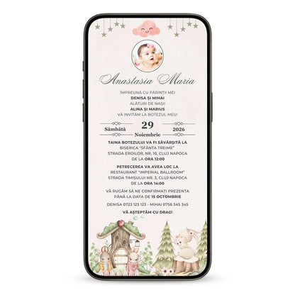 Invitatie Botez Forest Friends Iepuras, Format Digital-BalloonEvents.ro