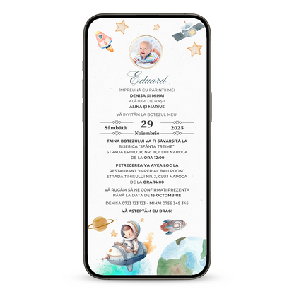 Invitatie Botez Galaxie Retro, Format Digital-BalloonEvents.ro