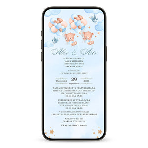 Invitatie Botez Gemeni, Balloon Bouquet Boy, Format Digital-BalloonEvents.ro