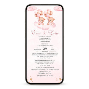 Invitatie Botez Gemeni, Balloon Bouquet Girl, Format Digital-BalloonEvents.ro