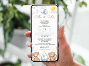 Invitatie Botez Gemeni Blue, Baieti, Format Digital