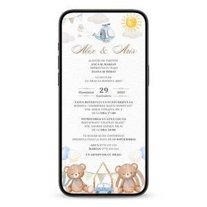 Invitatie Botez Gemeni Blue, Baieti, Format Digital-BalloonEvents.ro