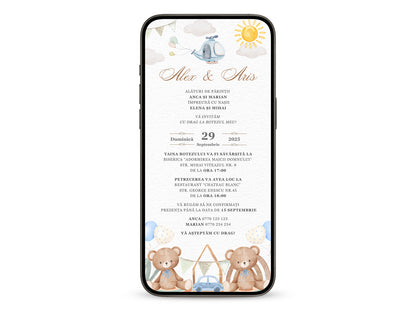 Invitatie Botez Gemeni Blue, Baieti, Format Digital