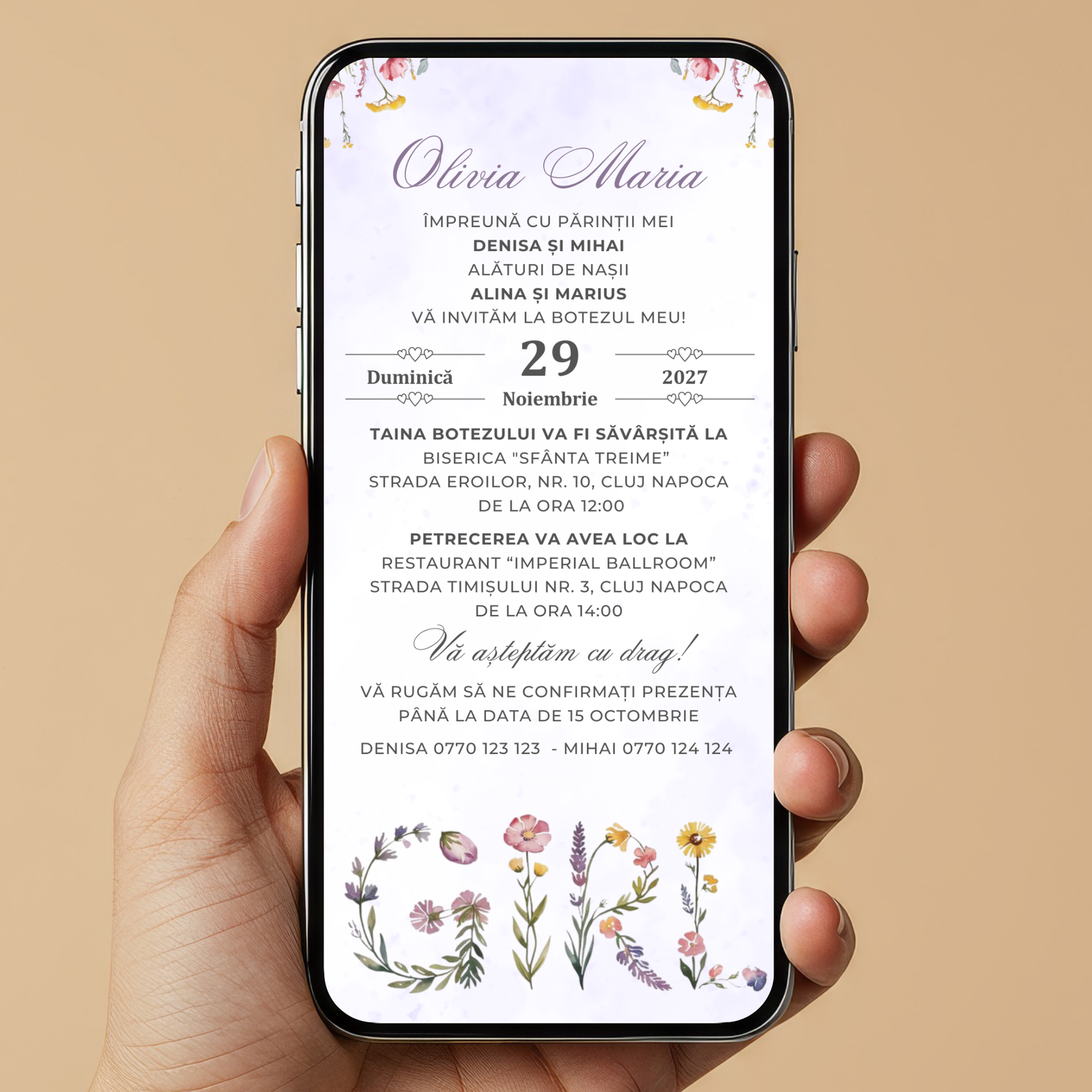 Invitatie Botez Girl Flowers, Format Digital-BalloonEvents.ro