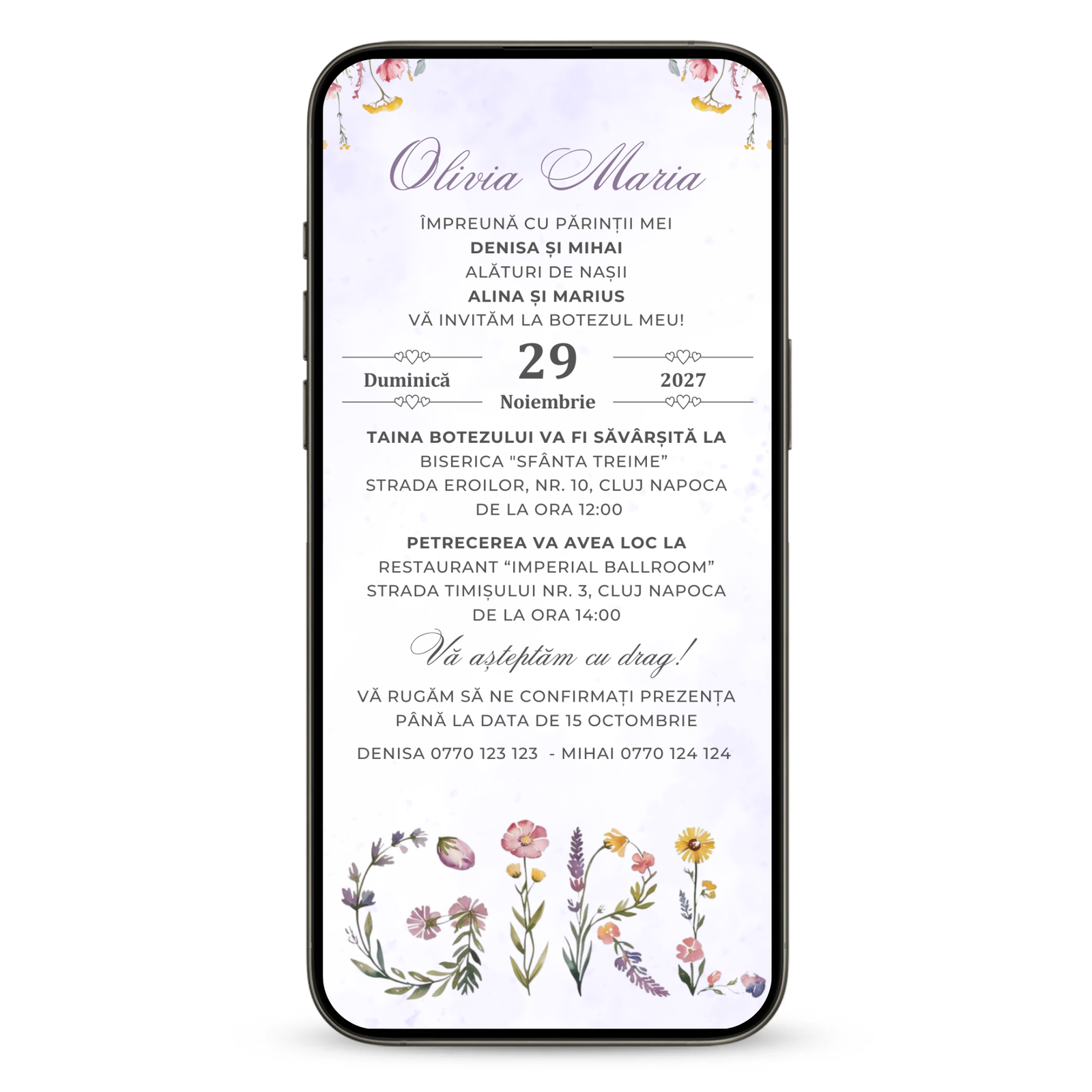 Invitatie Botez Girl Flowers, Format Digital-BalloonEvents.ro