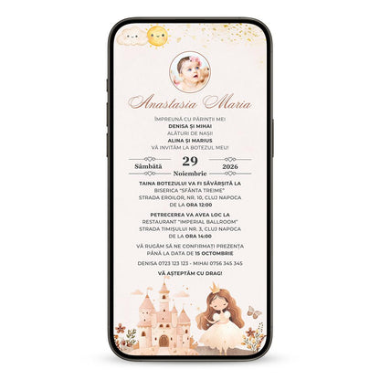 Invitatie Botez Harmony Princess, Format Digital-BalloonEvents.ro