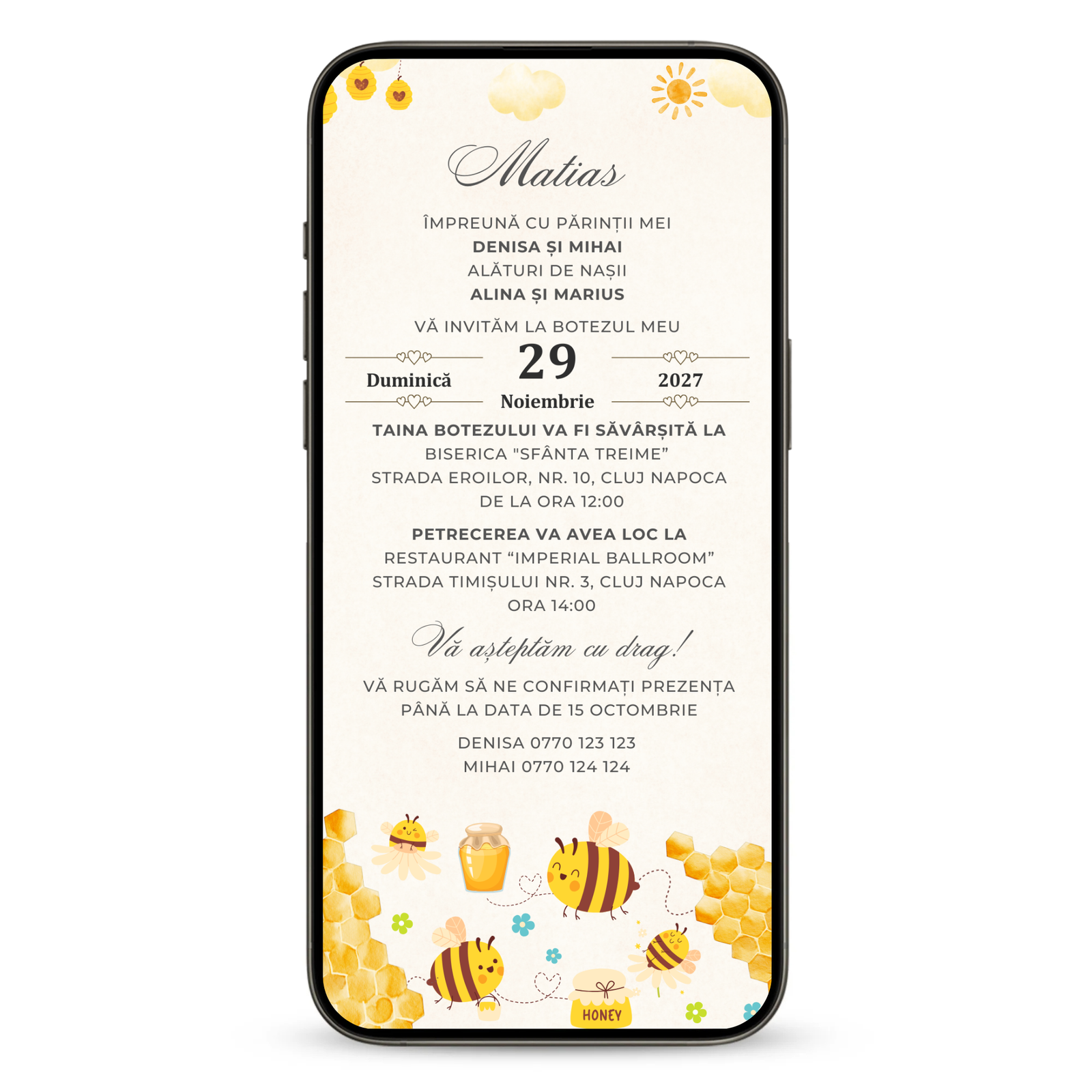 Invitatie Botez Honey Bee, Format Digital-BalloonEvents.ro