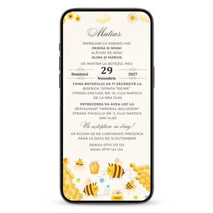 Invitatie Botez Honey Bee, Format Digital-BalloonEvents.ro