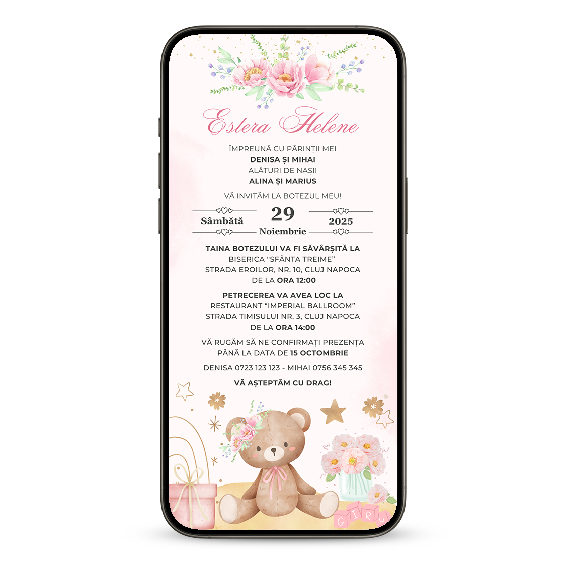 Invitatie Botez Lady Baby Bear, Format Digital-BalloonEvents.ro