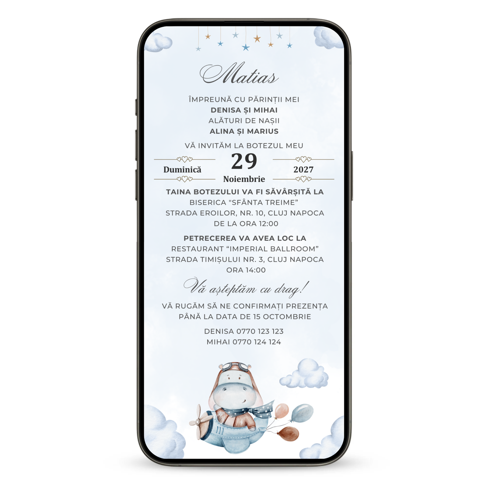 Invitatie Botez Little Hipo, Format Digital-BalloonEvents.ro