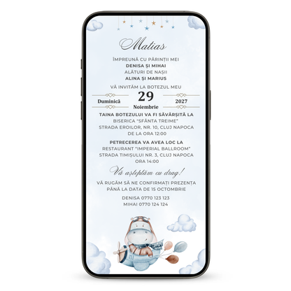 Invitatie Botez Little Hipo, Format Digital-BalloonEvents.ro