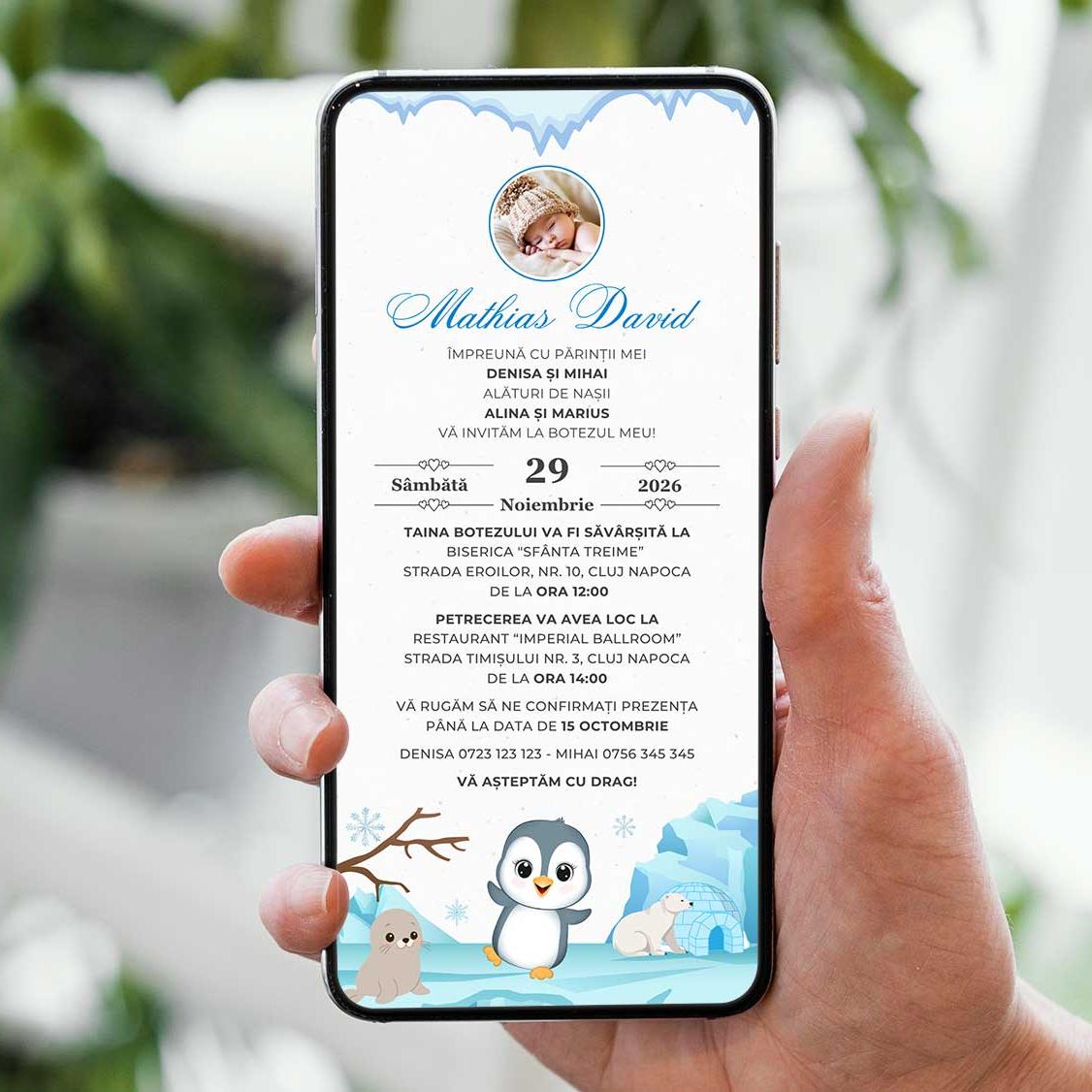 Invitatie Botez Little Penguin, Format Digital-BalloonEvents.ro
