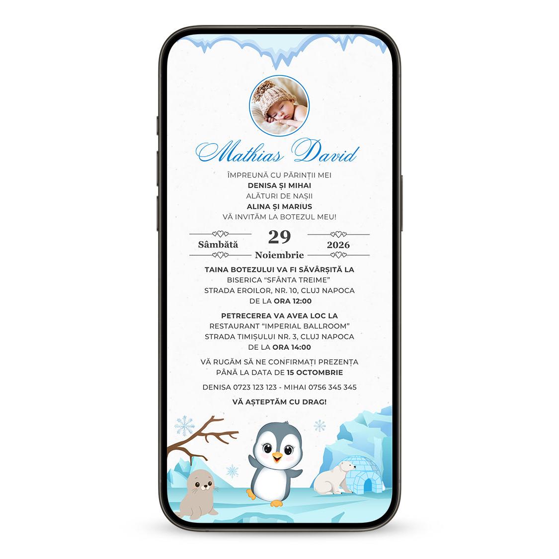 Invitatie Botez Little Penguin, Format Digital-BalloonEvents.ro