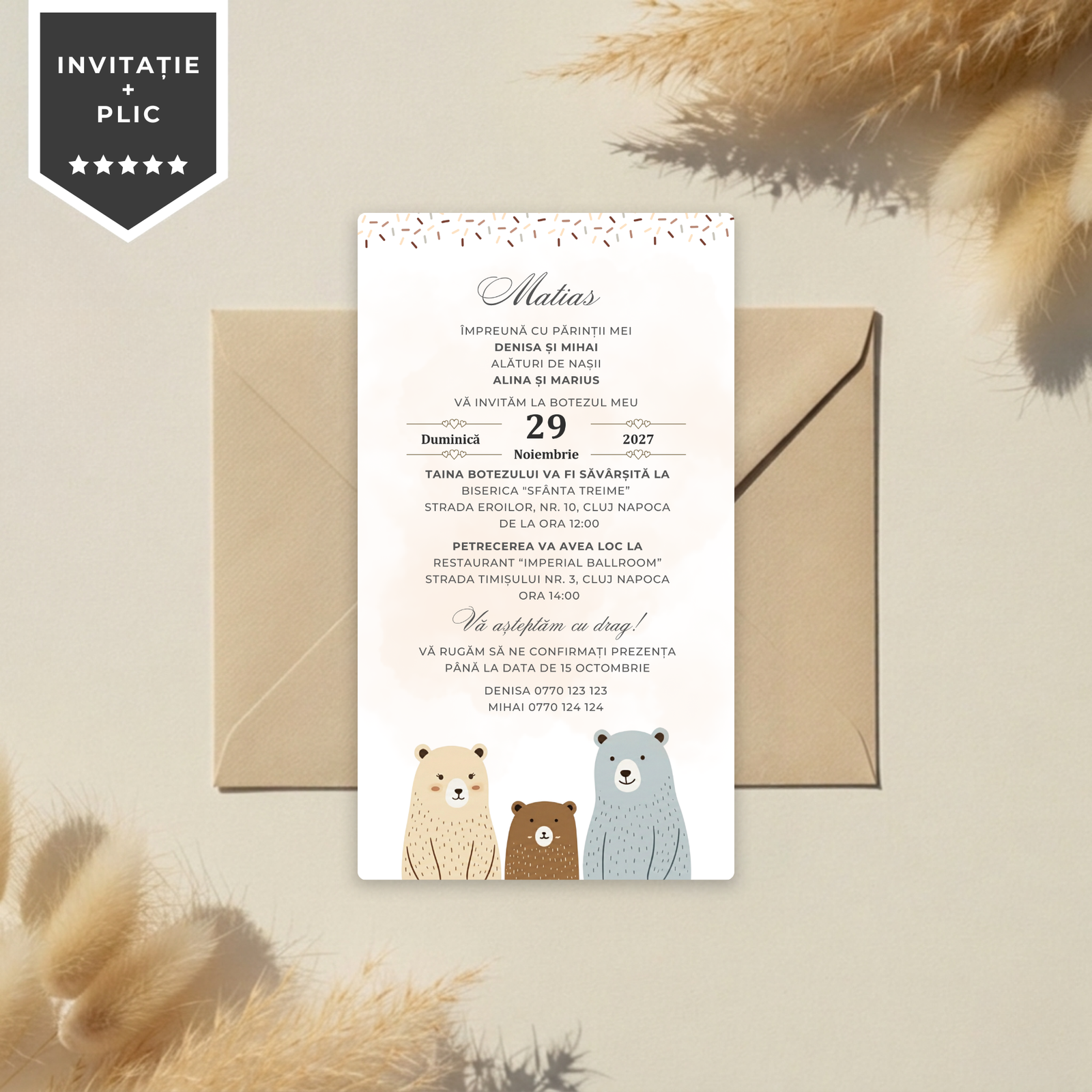 Invitatie Botez Love Bear Family, Format Digital-BalloonEvents.ro