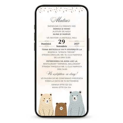 Invitatie Botez Love Bear Family, Format Digital-BalloonEvents.ro
