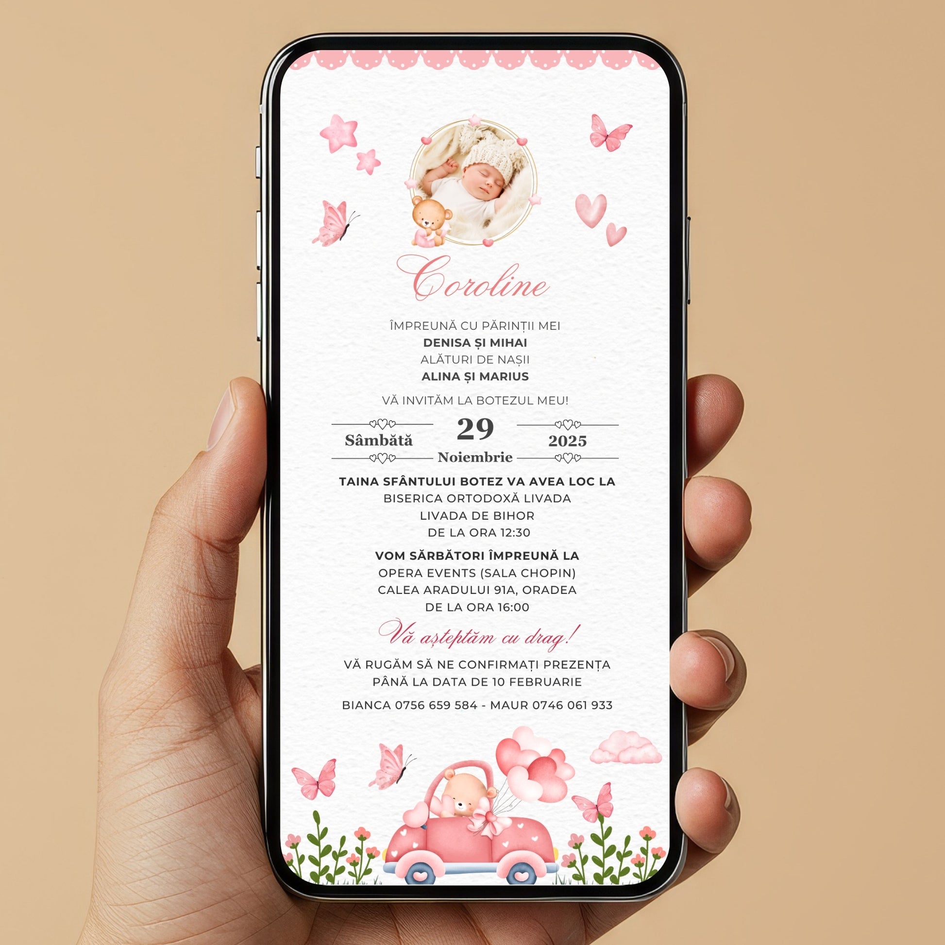 Invitatie Botez Love Car Bear, Format Digital-BalloonEvents.ro