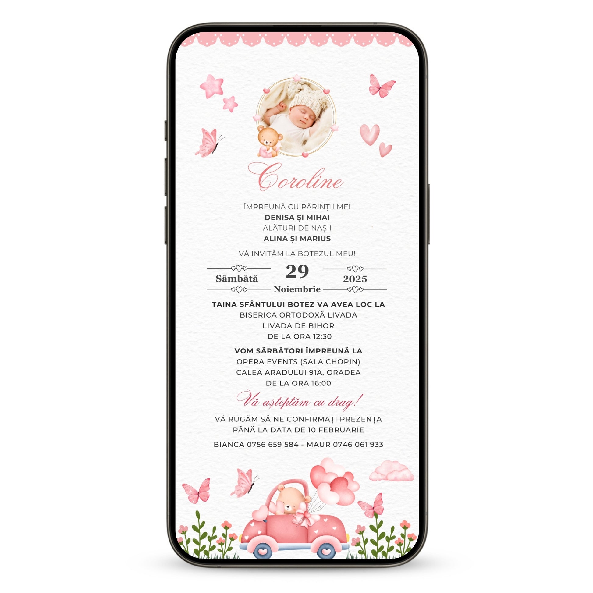 Invitatie Botez Love Car Bear, Format Digital-BalloonEvents.ro