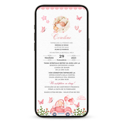 Invitatie Botez Love Car Bear, Format Digital-BalloonEvents.ro