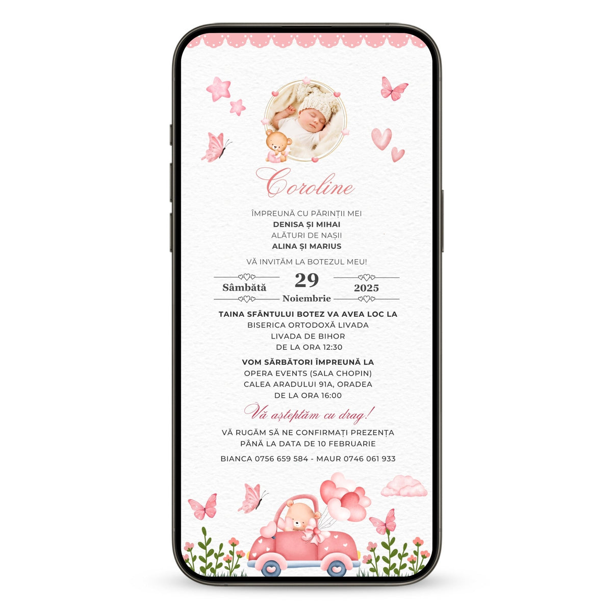 Invitatie Botez Love Car Bear, Format Digital-BalloonEvents.ro