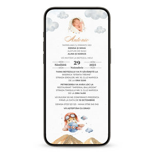 Invitatie Botez Micutul Aviator, Format Digital-BalloonEvents.ro