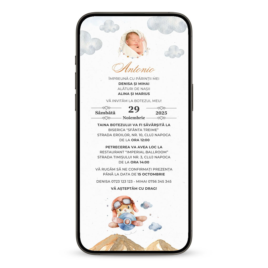 Invitatie Botez Micutul Aviator, Format Digital-BalloonEvents.ro