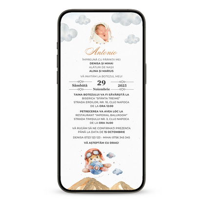 Invitatie Botez Micutul Aviator, Format Digital-BalloonEvents.ro