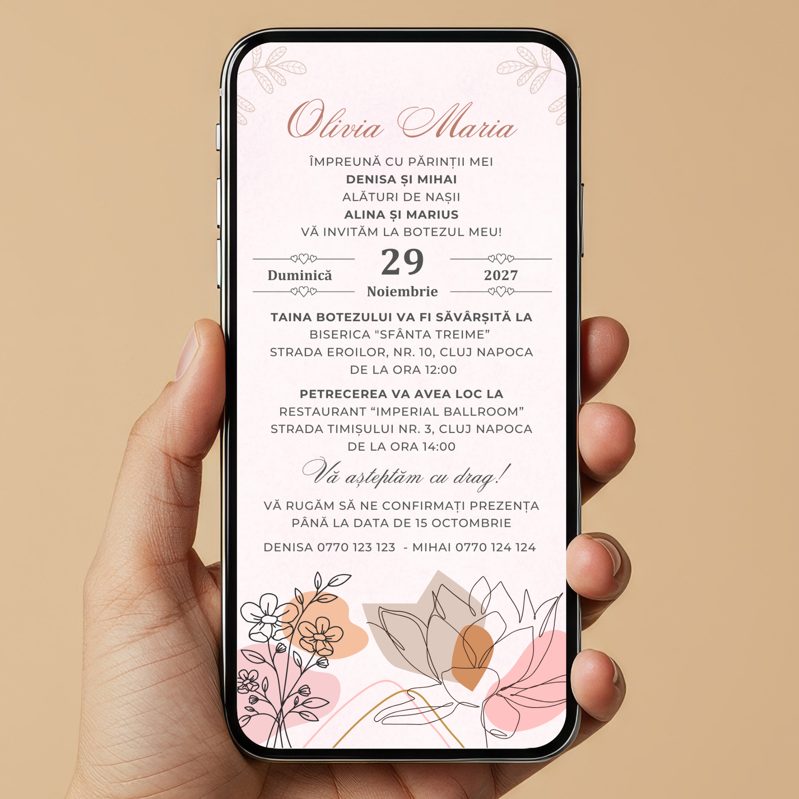 Invitatie Botez Minimalist Flowers, Format Digital-BalloonEvents.ro