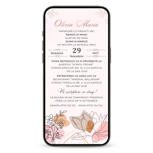 Invitatie Botez Minimalist Flowers, Format Digital-BalloonEvents.ro