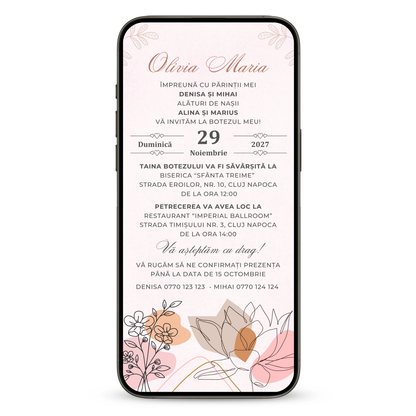Invitatie Botez Minimalist Flowers, Format Digital-BalloonEvents.ro