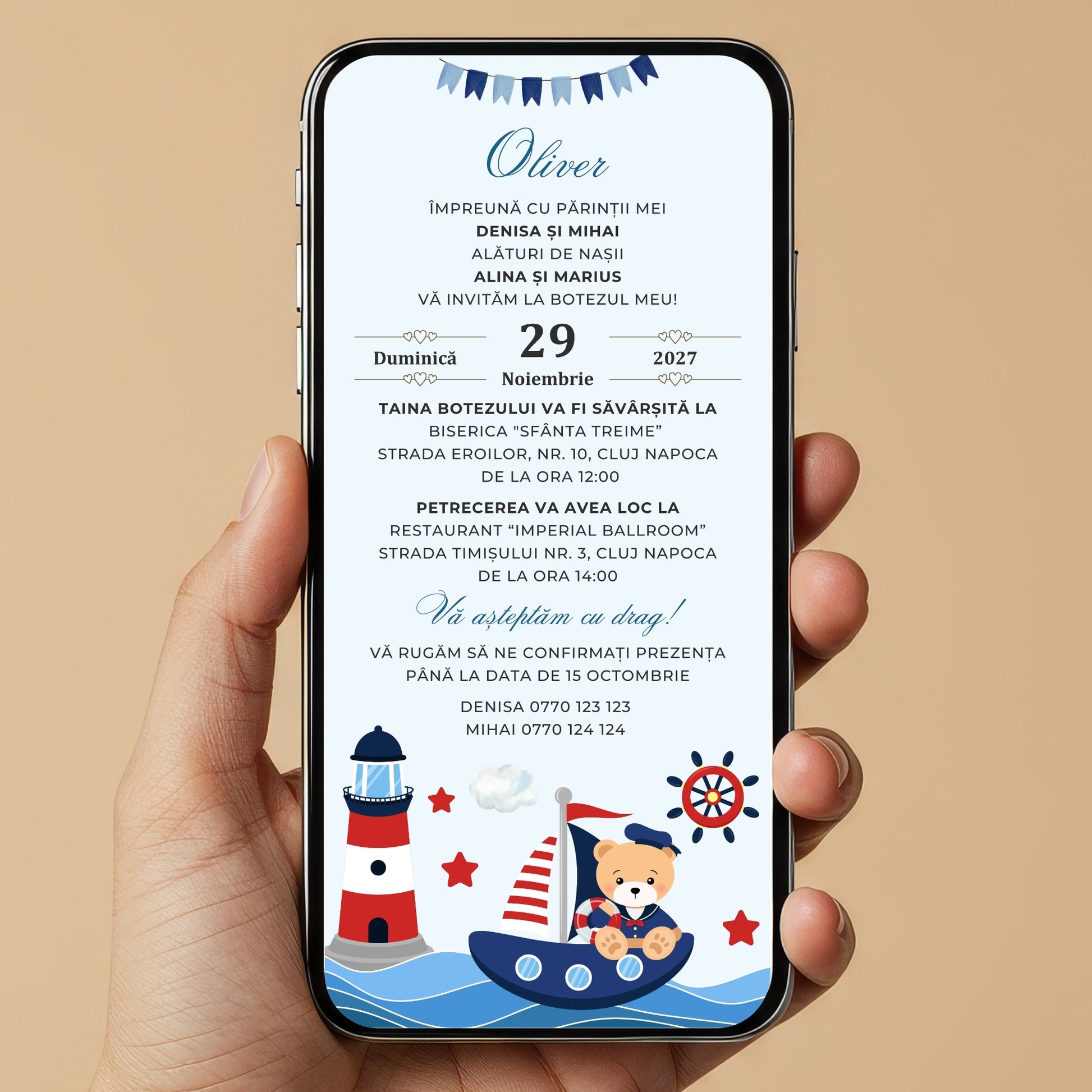 Invitatie Botez Navy Bear, Format Digital-BalloonEvents.ro