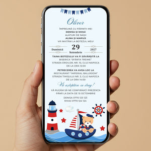 Invitatie Botez Navy Bear, Format Digital-BalloonEvents.ro