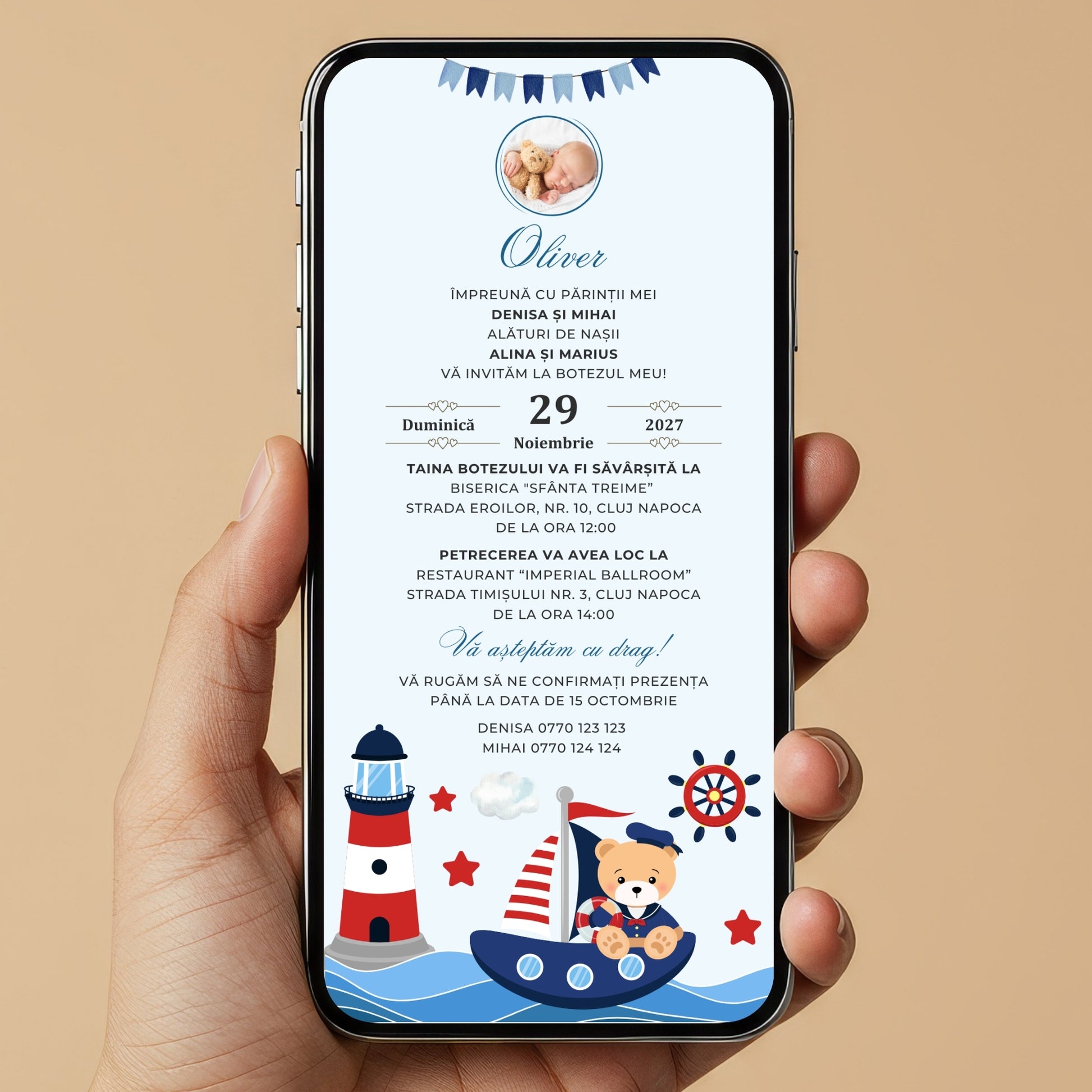 Invitatie Botez Navy Bear, Format Digital-BalloonEvents.ro