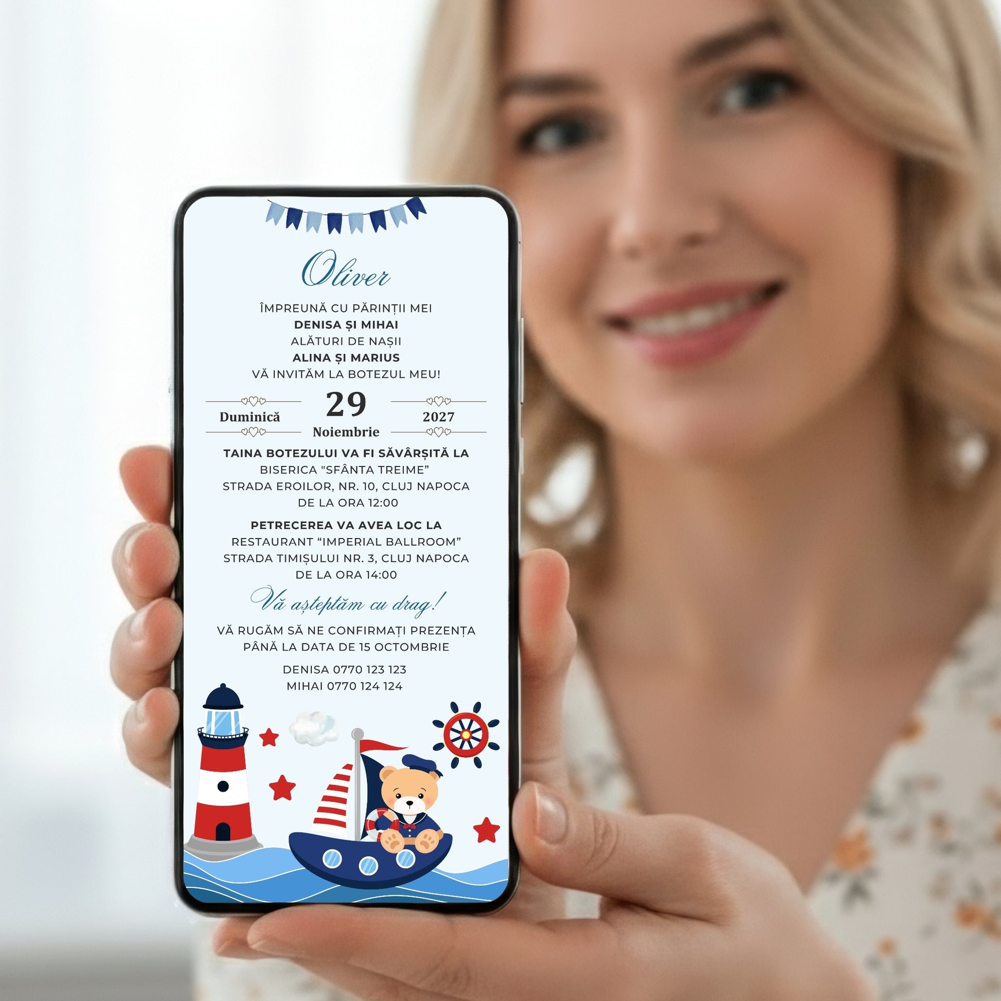 Invitatie Botez Navy Bear, Format Digital-BalloonEvents.ro