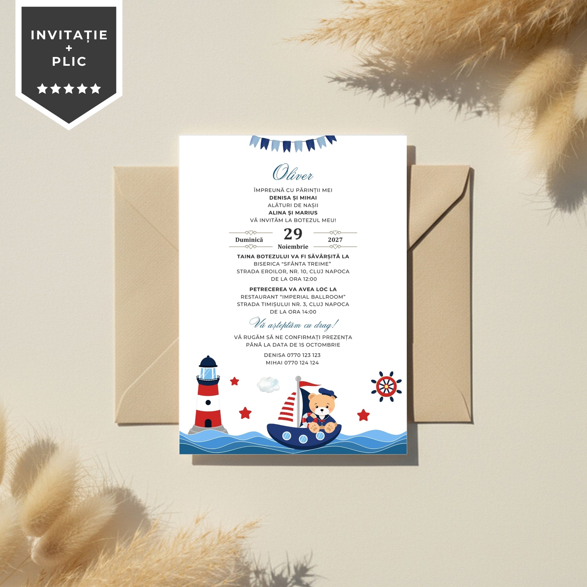 Invitatie Botez Navy Bear, Format Digital-BalloonEvents.ro