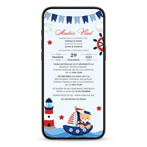Invitatie Botez Navy Bear, Format Digital-BalloonEvents.ro