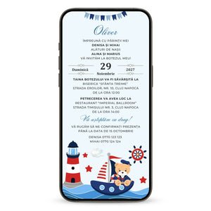 Invitatie Botez Navy Bear, Format Digital-BalloonEvents.ro