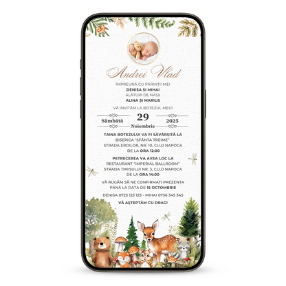 Invitatie Botez Padurea Fermecata, Format Digital-BalloonEvents.ro