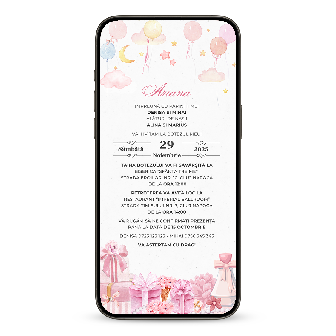 Invitatie Botez Pink, Format Digital-BalloonEvents.ro