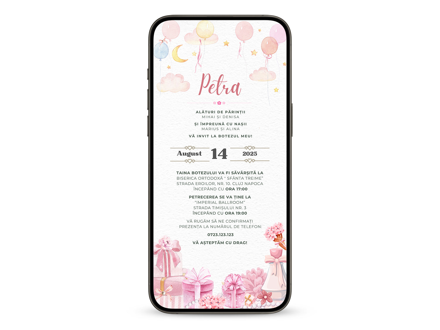 Invitatie Botez Pink, Format Digital