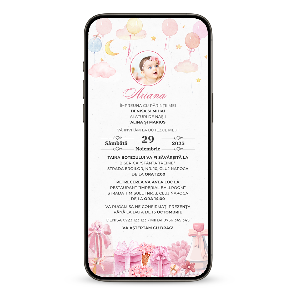 Invitatie Botez Pink, Format Digital-BalloonEvents.ro