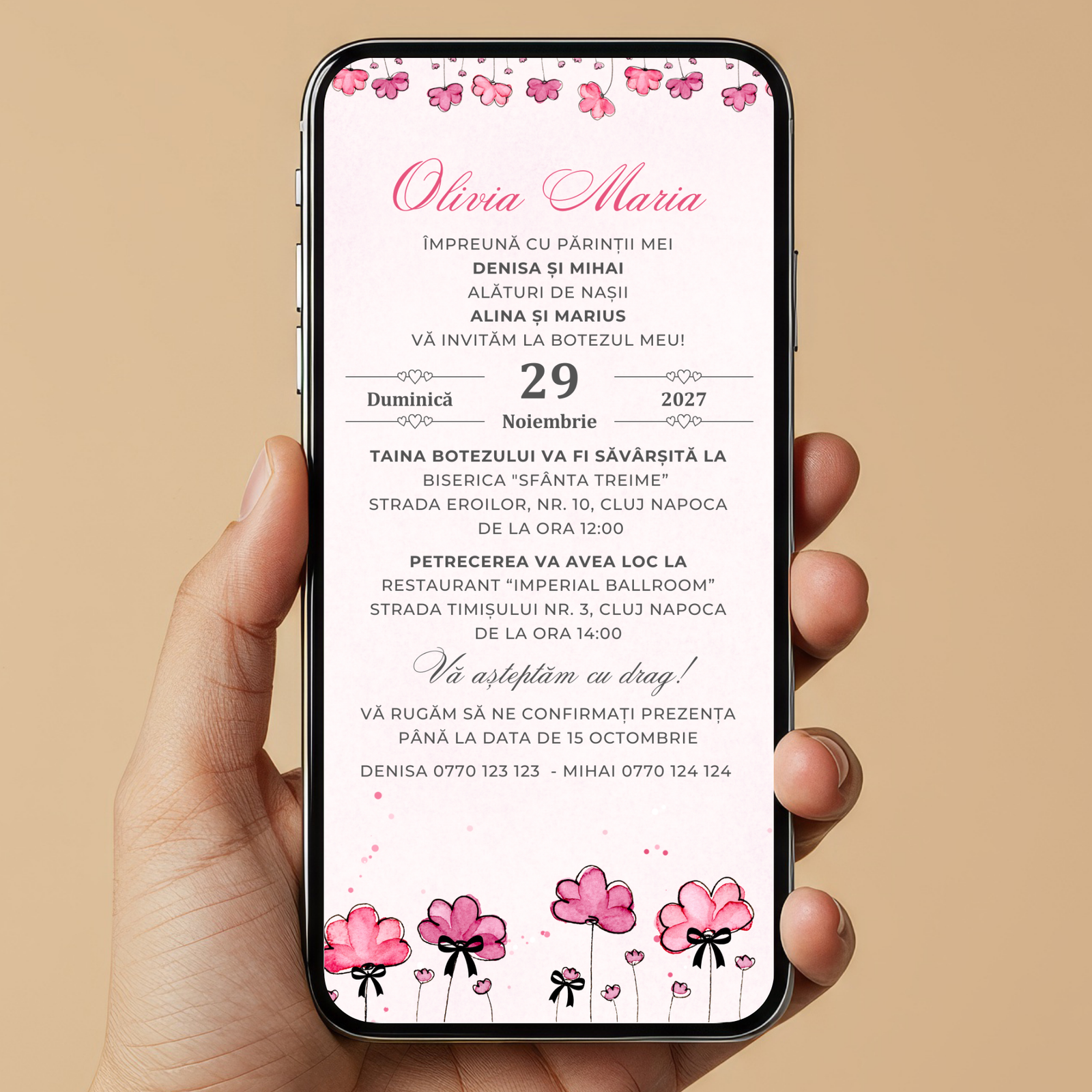 Invitatie Botez Postmodern Pink, Format Digital-BalloonEvents.ro
