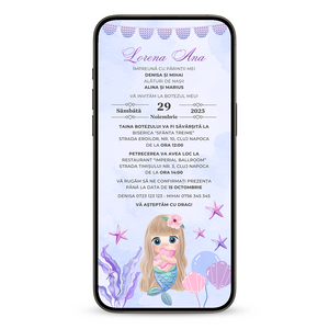 Invitatie Botez Princess Mermaid, Format Digital