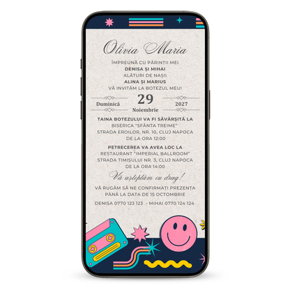 Invitatie Botez Retro Baby Lady, Format Digital-BalloonEvents.ro