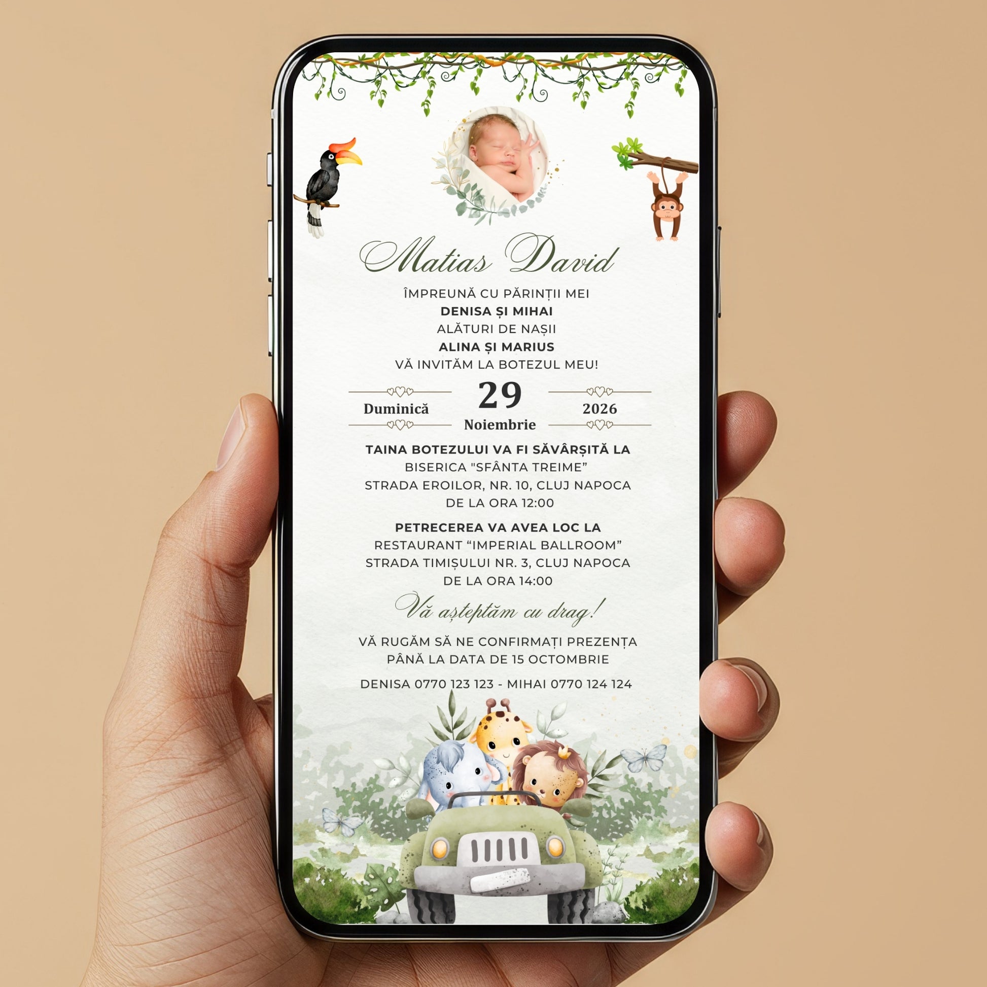 Invitatie Botez, Safari Green Edition, Format Digital-BalloonEvents.ro